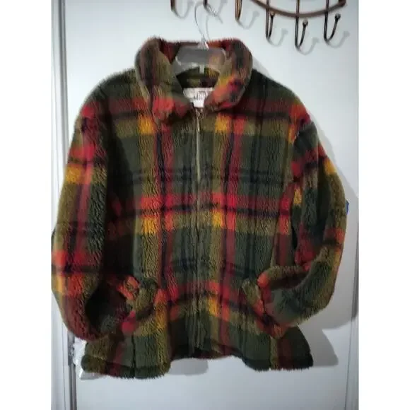 3235) Vintage Braetan Micro Velour Fleece Plaid Zip Front Berber Coat Large - Picture 7 of 11